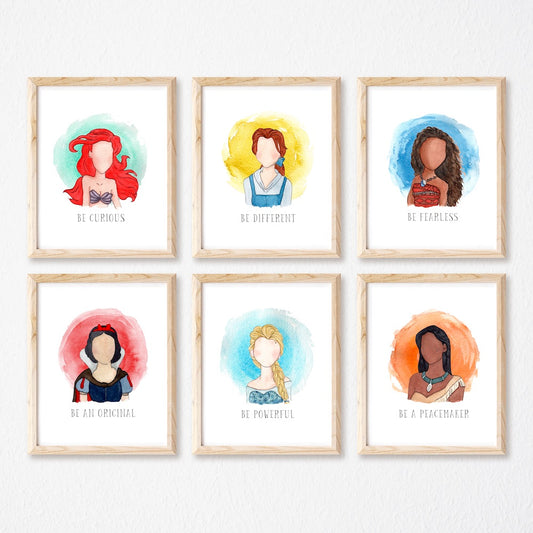 Disney Princess Watercolor Portraits, "Be Your Own Hero" Nursery Art