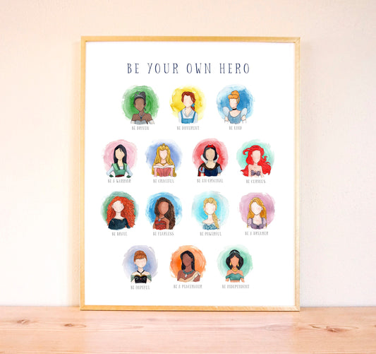 Disney Princess Watercolor Nursery Art, "Be Your Own Hero"