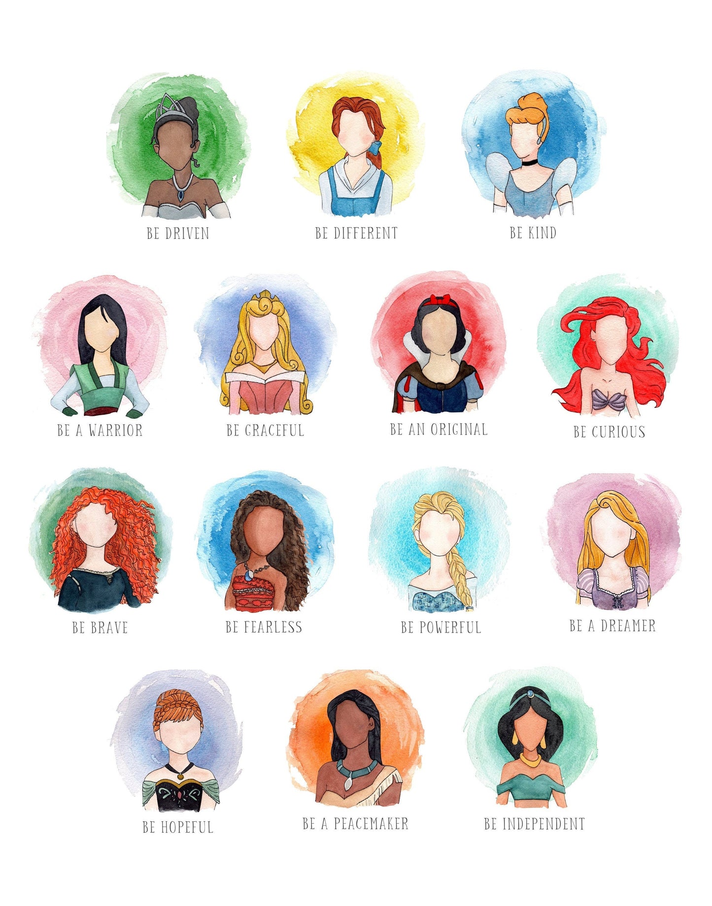 Disney Princess Watercolor Portraits, "Be Your Own Hero" Nursery Art