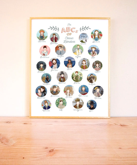 “The ABCs of Classic Literature” Hand Painted Watercolor Print, Classroom Art