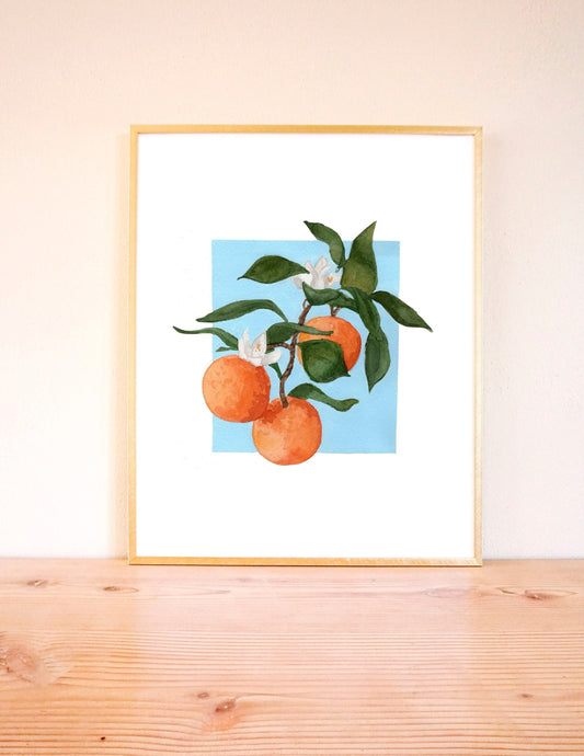 Orange Blossoms Art Print, Citrus Watercolor Hand-Painted