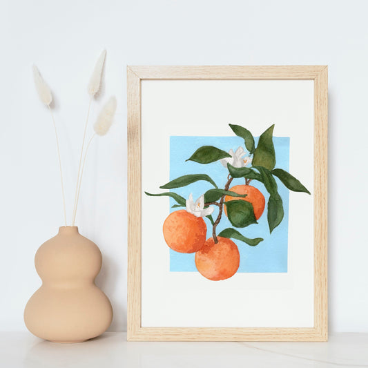 Orange Blossoms Art Print, Citrus Watercolor Hand-Painted