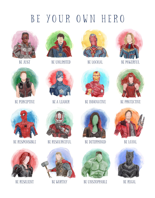 Marvel Super Hero Nursery Wall Art, Hand-Painted Watercolor "Be Your Own Hero" Marvel Print