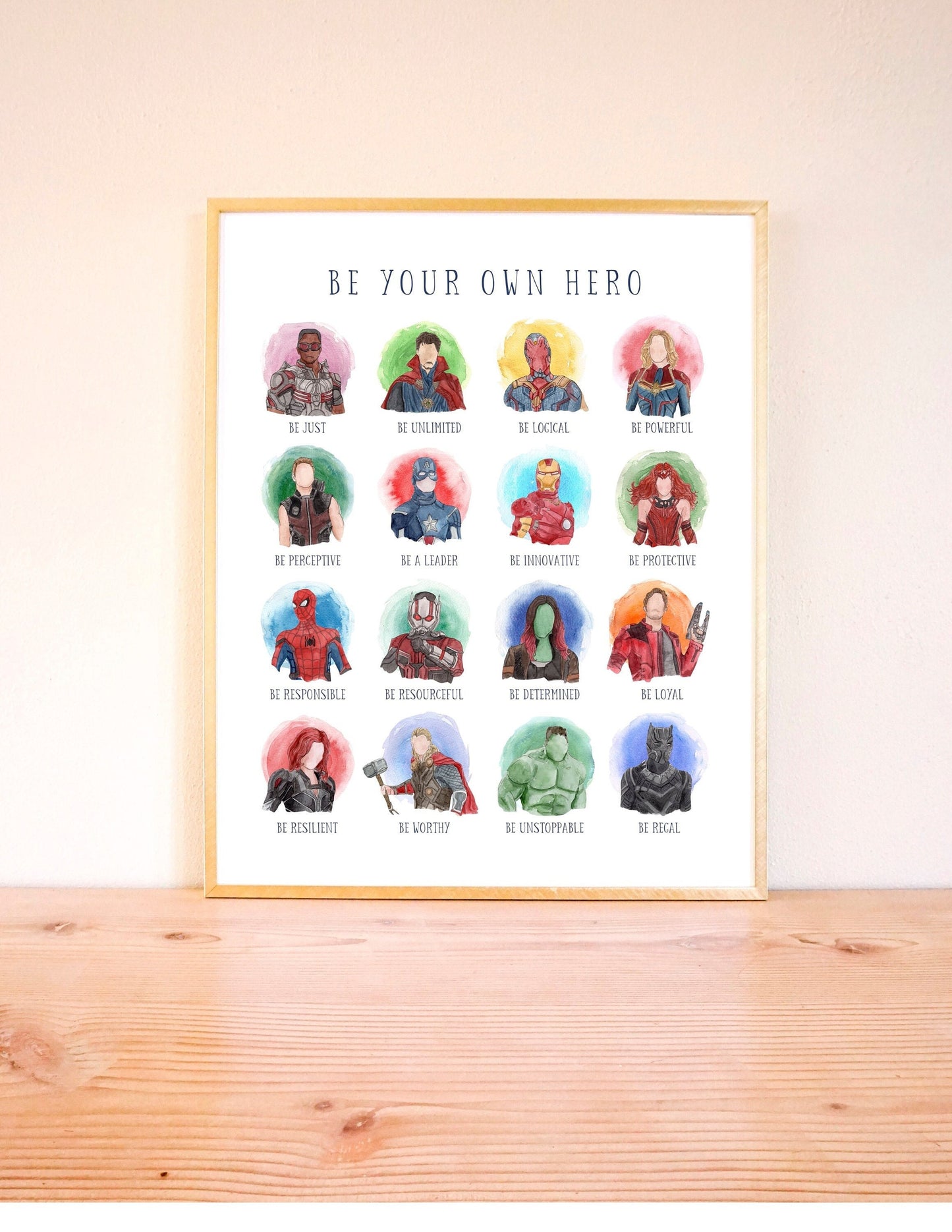 Marvel Super Hero Nursery Wall Art, Hand-Painted Watercolor "Be Your Own Hero" Marvel Print